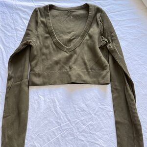 Garage Olive Ribbed V-Neck Crop Top